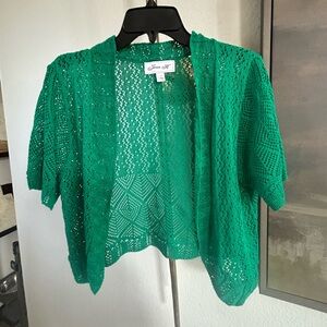 Jessica Green Openwork Knit Short-Sleeve Cardigan